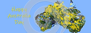 Map of Australia with flowering golden wattle tree social media banner.