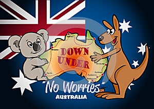 Map of Australia with Koala Kangaroo and flag