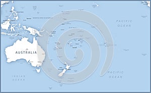 Map of Australia and Oceania with names of countries, capitals and cities