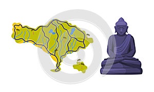 Map of Bali with Boundary and Buddha Stone Statue Vector Set