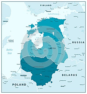 Map of the Baltic States In Aqua Blue Colors