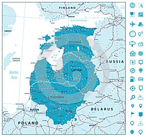 Map of the Baltic States with roads and navigation icons