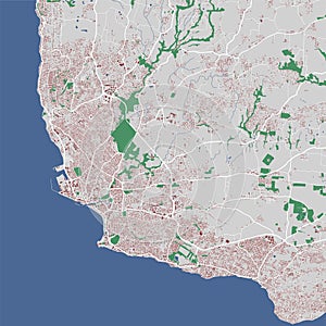 Map of Barbados, Caribbean island state. Bridgetown streetmap with buildings, sea and forests, cities, roads