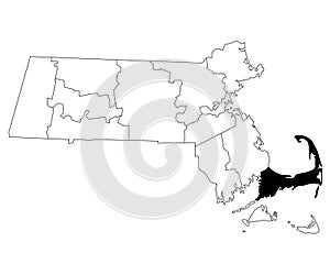 Map of Barnstable County in Massachusetts state on white background. single County map highlighted by black colour on photo