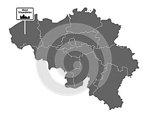 Map of Belgium with road sign West Vlaanderen