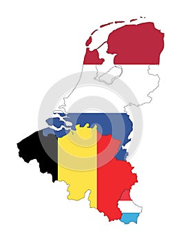Map of Benelux with national flags of member states