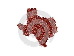 Map or boundary of Texas with red rice grains on a white isolated background.