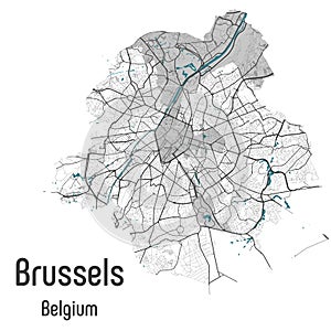 Map of Brussels Bruxelles Brussel city within administrative borders with roads and rivers on white background