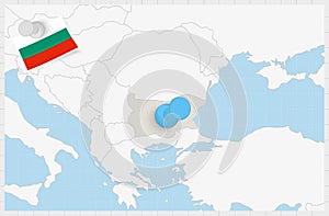 Map of Bulgaria with a pinned blue pin. Pinned flag of Bulgaria