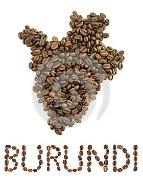 Map of Burundi made of roasted coffee beans isolated on white background.