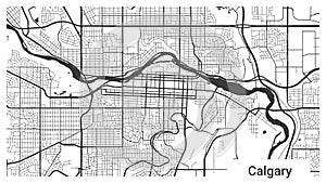 Map of Calgary city, Alberta, Canada. Horizontal background map poster black and white, 1920 1080 proportions