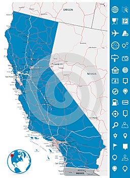 Map of California State and It`s Roads