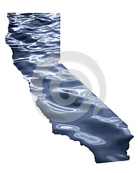 Map of California state in USA with flood water surface as background