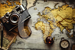 Map With Camera and Compass, Navigation Tools Combined for Explorers, Top view travel concept with retro camera films, map, and