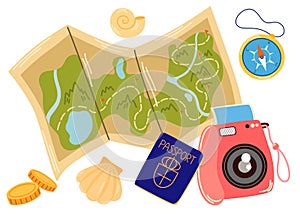 Map, camera, passport, money and compass for sea travel. Tourists stuff, things for summer tour, vacation voyage.