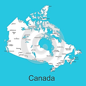 Map of Canada with cities on a blue background, vector illustration