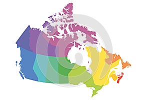 Map of Canada divided into 10 provinces and 3 territories. Administrative regions of Canada. Blank multicolored map
