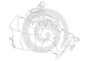 Map of Canada divided into 10 provinces and 3 territories. Administrative regions of Canada. Blank white map with black