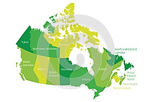 Map of Canada divided into 10 provinces and 3 territories. Administrative regions of Canada. Green map with labels