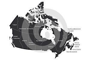 Map of Canada divided into 10 provinces and 3 territories. Administrative regions of Canada. Grey map with labels