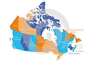 Map of Canada divided into 10 provinces and 3 territories. Administrative regions of Canada. Multicolored map with