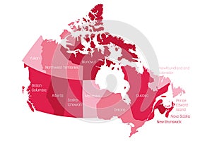 Map of Canada divided into 10 provinces and 3 territories. Administrative regions of Canada. Pink map with labels