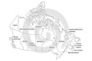 Map of Canada divided into 10 provinces and 3 territories. Administrative regions of Canada. White map with black