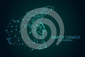 Map of Canada - With glowing point and lines scales on the dark gradient background, 3D mesh polygonal network connections