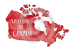 Map of Canada with little love heart and phrase in English language: `Welcome to Canada`.