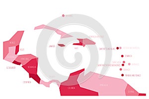 Map of Central America and Caribbean. Simlified schematic vector map in shades of pink
