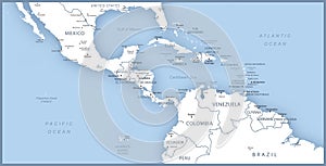 Map of Central America with names of countries, capitals and cities