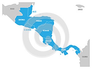 Map of Central America region with blue highlighted central american states. Country name labels. Simple flat vector