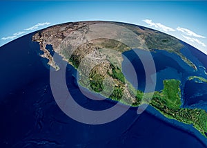 Map of Central America, satellite view. Mexico and United States, physical map. Reliefs and mountains.