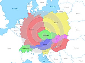 map of Central Europe with borders of the countries.