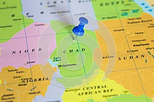 Map of Chad with a blue pushpin stuck