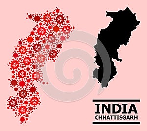 Map of Chhattisgarh State - Composition with Covid Biological Hazard Infection Icons