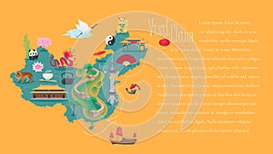 Map of China article with bodycopy layout vector illustration. Icons with Chinese landmarks