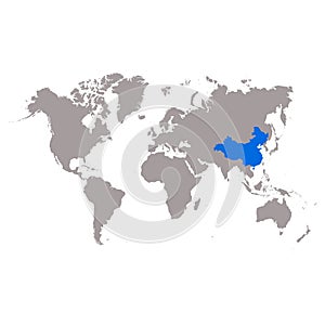 The map China of is highlighted in blue on the world map