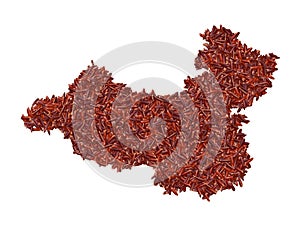 Map of China made with red rice grains on a white isolated background. Export, production, supply, agricultural or health concept