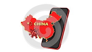 Map of China Phone with deadly corona virus. 3D Rendering