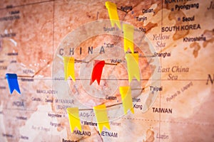 Map of China with pinned Wuhan city as an epidemic epicenter