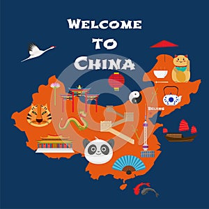 Map of China vector illustration, design. Icons with Chinese landmarks, gate, temple