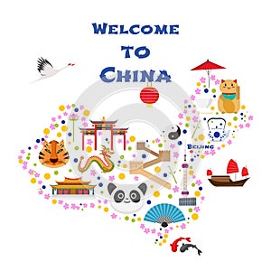 Map of China vector illustration, design. Icons with Chinese pagoda, animals, cities