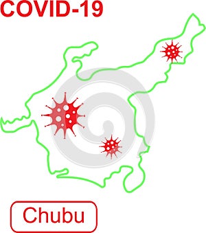 Map of Chubu labeled COVID-19. Green outline map on a white background.