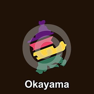 Map City of Okayama On Colorful with Names, Country of Japan Vector illustration on brown background