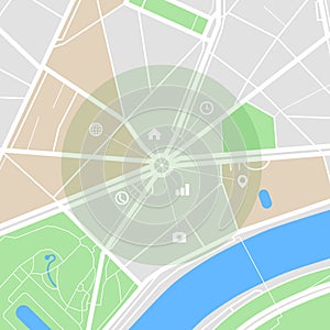 Map of the city with streets, parks and pond. Flat design abstract vector illustration.