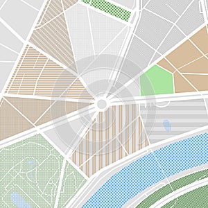 Map of the city with streets, parks and pond. Flat design abstract vector illustration.