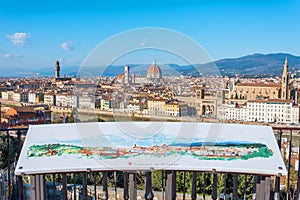 Map of city town on the observation deck in the Piazzale Michelangelo. Florence Italy at sunny day cityscape aerial view