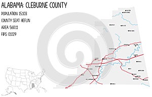 Map of Cleburne county in Alabama, USA.