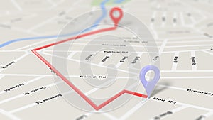 Map closeup with two pointers set on route